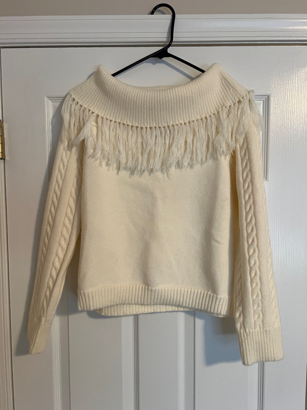 Vici Cream Off-Shoulder Fringe Cable-Sleeve Sweater